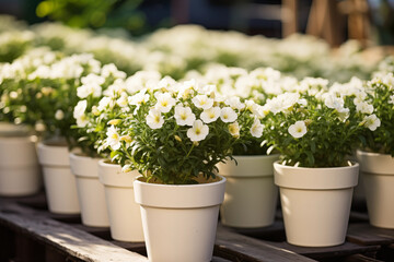 Fototapeta na wymiar Garden white flowers in pots. Seedlings and gardening. White day