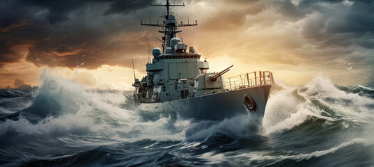 Military Ship at sea - obrazy, fototapety, plakaty