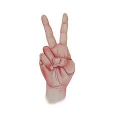 Watercolor peace hand gesture sign. Human hand showing two fingers up. Victory sign.