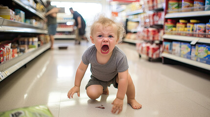 Toddler Having a Temper on the Floor in Grocery Store