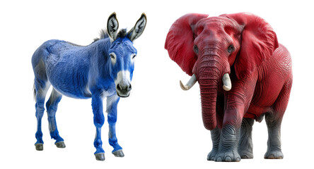 USA presidential election political parties. Republicans elephant vs Democrats donkey isolated on white transparent, PNG - obrazy, fototapety, plakaty