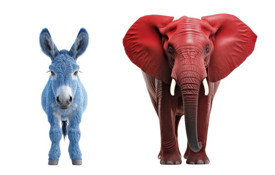 USA presidential election political parties. Republicans elephant vs Democrats donkey isolated on white transparent, PNG