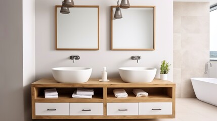 Fototapeta na wymiar A Minimalist Bathroom Featuring Dual Sinks and a Wooden Vanity Top