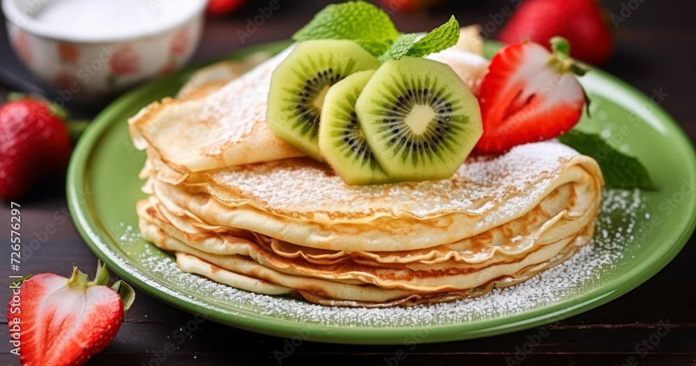 Wall mural close-up of thin crepes with strawberry and kiwi, topped with raspberries and powdered sugar for a t