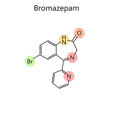 Chemical organic formula of Bromazepam diagram hand drawn schematic vector illustration. Medical science educational illustration