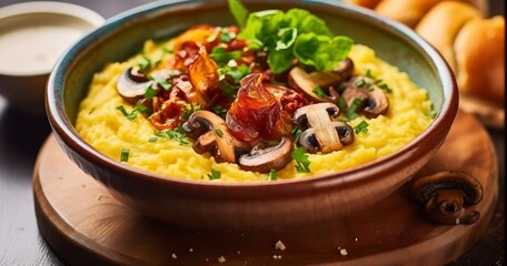 A Traditional Healthy Breakfast of Polenta with Crispy Pork Bacon, Featuring a Side of Mushrooms, Salad Leaves, and Bread Ingredients