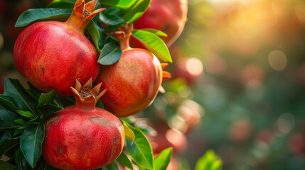 Ripe pomegranate fruit on tree branch. Ripe pomegranate fruits hanging on a tree branches in the garden. Harvest concept. Sunset light. soft selective focus, space for text. Healthy pomegranate fruit  - Powered by Adobe