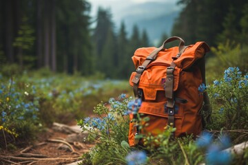 Front view of hipster orange backpack in forest