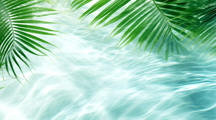 Fototapeta na wymiar Swimming Pool with Clear Water and Palm Leaves. Tropical Paradise. Spa Salon Concept.