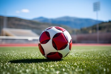Pelota de futbol moderna en color rojo colocada sobre el cesped de un estadio de soccer. Creada con IA - obrazy, fototapety, plakaty