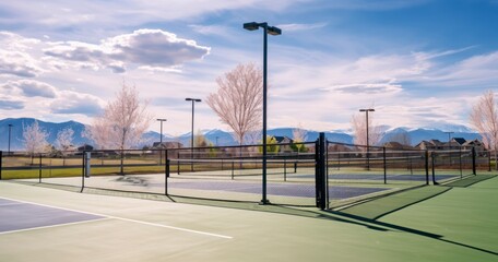 Tennis courts with beautiful sunny sky background. Homes and mountain silhouette can be seen in the distance - obrazy, fototapety, plakaty
