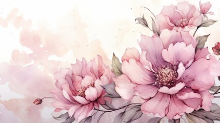 Hand drawn peony flowers on watercolor background for mother s day card with free copy space - obrazy, fototapety, plakaty