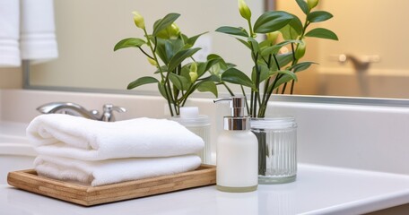 Fototapeta na wymiar A Tray of Face Towels, Hand Soap, and Potted Plant Adorn a Clean Bathroom Vanity with Mirror and Marble Countertop