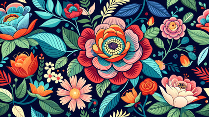 Floral blooming romantic feminine seamless pattern with imitation of satin stitch embroidery. - obrazy, fototapety, plakaty