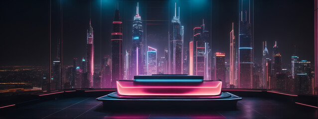Futuristic podium within a cityscape of towering skyscrapers, with neon lights and a high-tech atmosphere, setting the stage for a modern presentation.