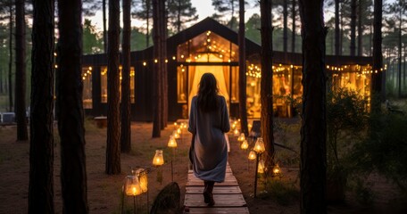 A Woman Explores the Pine Forest Near an Enchanting, Illuminated Lounge by a Cabin at Dusk