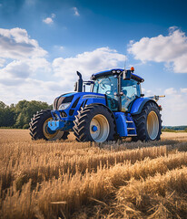 An agricultural tractor is working in a field on a sunny day