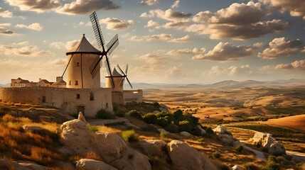 Windmills near Mota del Cuervo, Toledo, Castilla La Mancha, Spain - obrazy, fototapety, plakaty