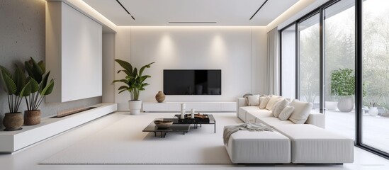 Minimalist living room with white color palette and luxurious amenities.