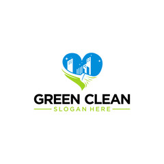 Green Cleaning Logo With Apartment residential commercial  real estate cleaning Wash logo design vector icon symbol template