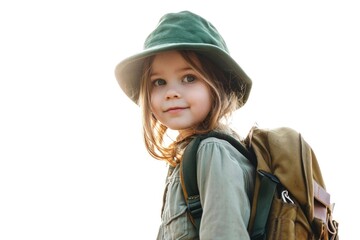 Little girl in casual clothes with green hat and backpack.