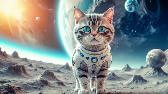 Lonely brave cat walks on the moon, space cat. cyclic video