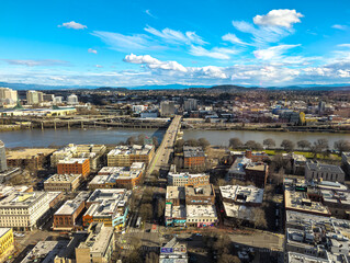 Views of Portland from a high point in the city. View from the window of the Portland City Grill...