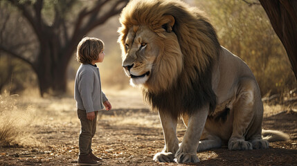 Young boy standing in front of a male lion