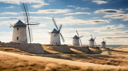 Windmills near Mota del Cuervo, Toledo, Castilla La Mancha, Spain - obrazy, fototapety, plakaty