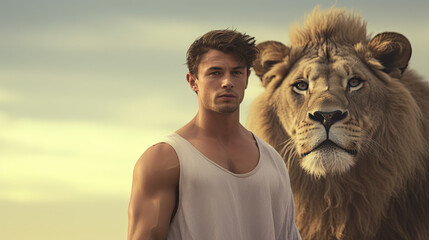 Young man standing in front of a male lion
