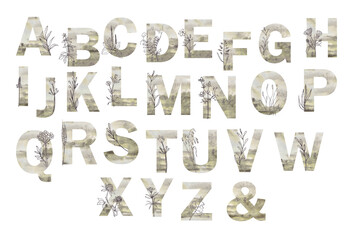 Set of abstract textured letters of the alphabet in a rustic style with wildflowers. Clipart on a transparent background.