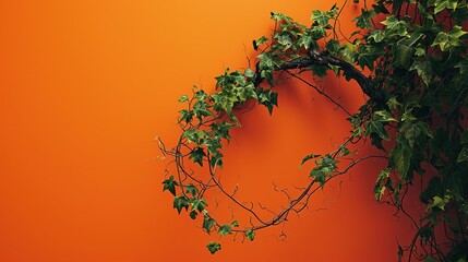 Curly ivy branches create an organic tapestry of green against the striking simplicity of an orange background.