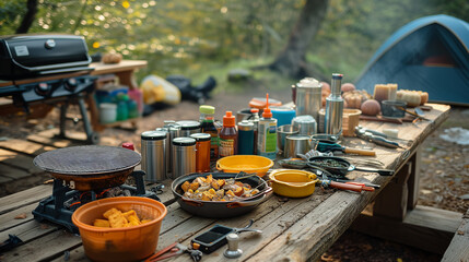 Outdoor camping food table with variety of cooking equipment set out.