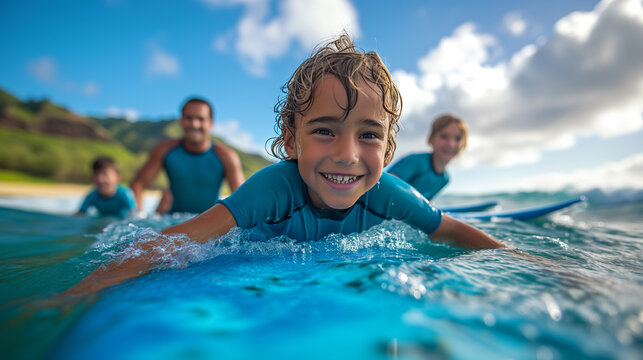 Young boys getting surfing lessons on the shores of Hawaii during their vacation there.