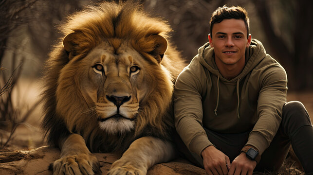 Young man standing in front of a male lion - Powered by Adobe