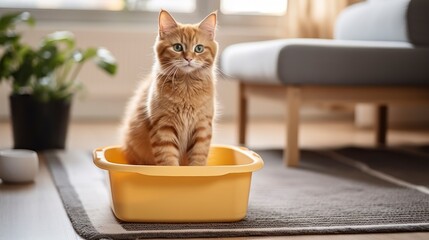 A Cute Cat Peacefully Occupying Its Litter Box in a Room's Warmth - obrazy, fototapety, plakaty