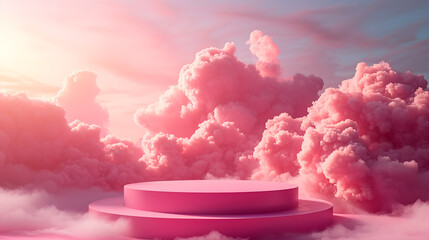 A pink cloud podium set against a blue sky with pink and purple clouds.
