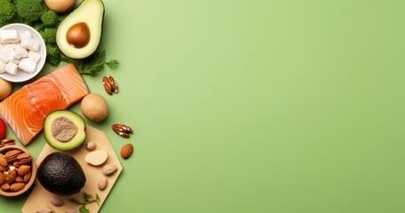 Naklejka na ściany i meble Healthy Harmony - Salmon, Avocado, Eggs, Nuts, and Seeds Unite in a Keto Diet Spread Against a Lush Green Backdrop