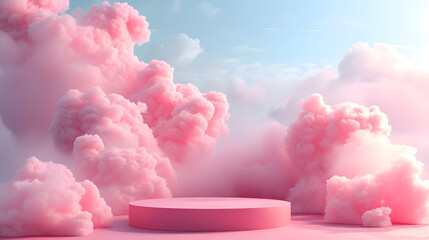A pink cloud podium set against a blue sky with pink and purple clouds.