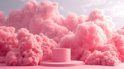 A pink cloud podium set against a blue sky with pink and purple clouds.