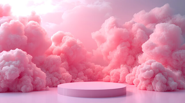 A pink cloud podium set against a blue sky with pink and purple clouds.
