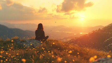 Silhouette of a person in meditation pose on a mountain field during a tranquil sunset, surrounded by nature's serenity.