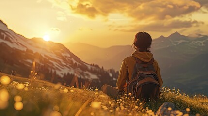 A lone hiker with a backpack sits in a meadow of wildflowers on a mountain, facing a breathtaking sunrise.