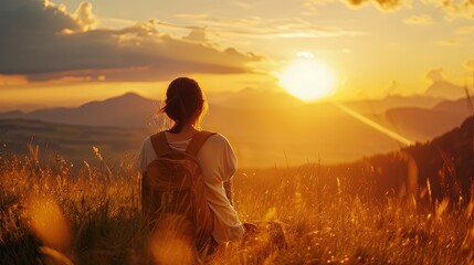 Back view of a solitary woman with a backpack gazing at a stunning sunset amidst golden fields with distant mountains.