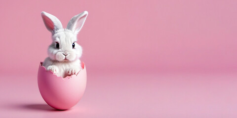 Obraz premium Happy Easter banner with adorable rabbit. Cute Easter bunny hatching from pink Easter egg on pink background with copy space.