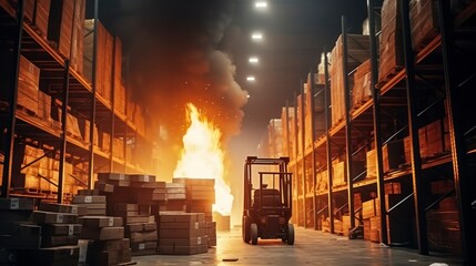 A Warehouse Engulfed in Fire with Burning Shelves and Smoke, Causing Extensive Losses and Delivery Delays