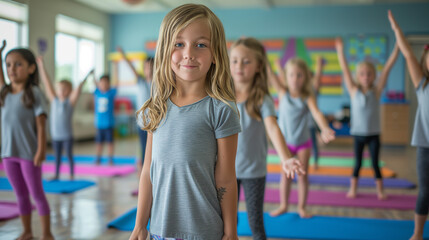 Elementary kids doing exercises indoors on top of yoga mats. Stretching and working out as a whole class. - obrazy, fototapety, plakaty