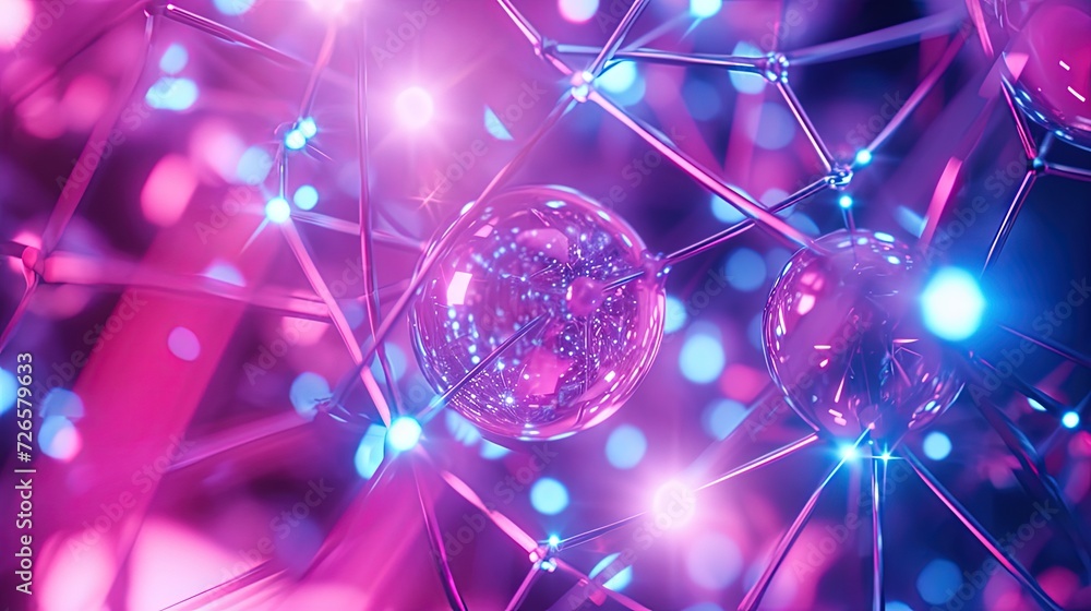 Poster digital representation of spherical structures connected by a complex neon-lit network, depicting a 
