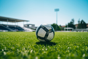 Pelota de futbol soccer colocada sobre el cesped de un estadio en tarde soleada. Creada con IA - obrazy, fototapety, plakaty