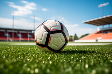 Hermosa pelota de futbol moderna colocada sobre el cesped de un estadio en tarde soleada. Creada con IA - obrazy, fototapety, plakaty